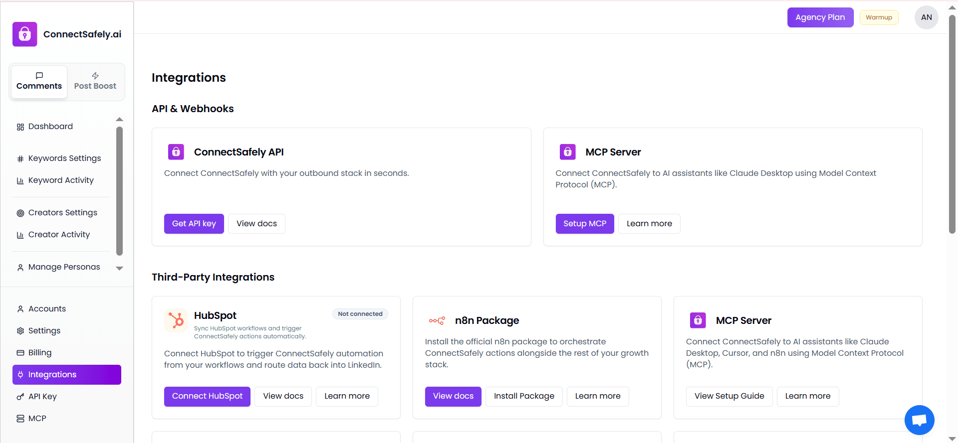 ConnectSafely Integrations Dashboard