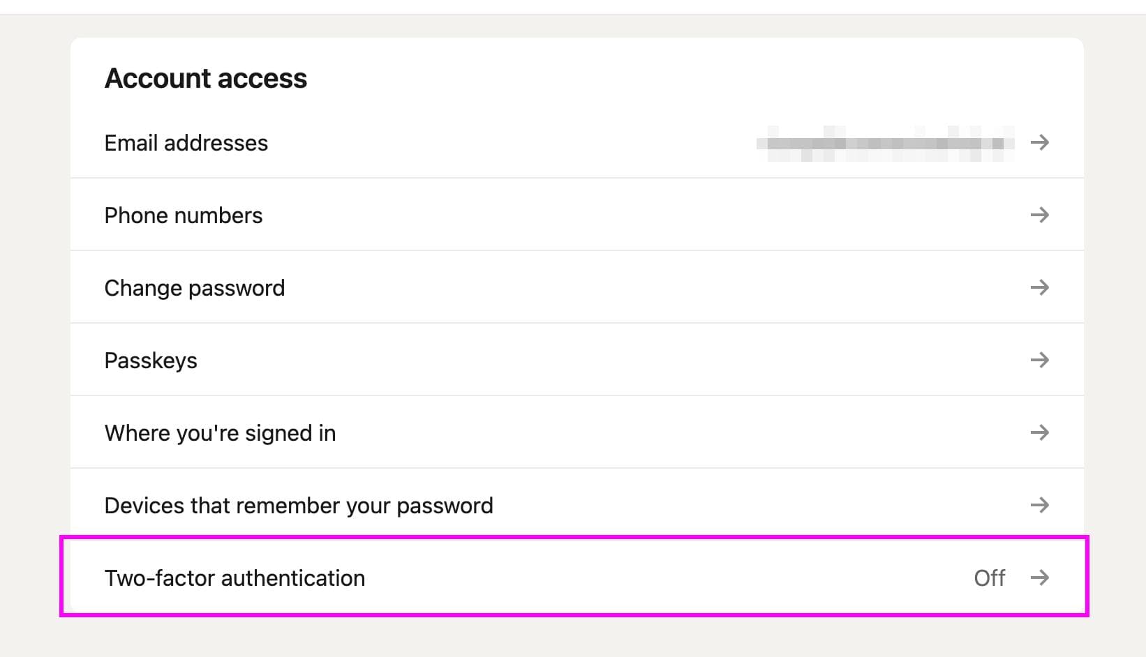 LinkedIn Account Access page showing Two-factor authentication option