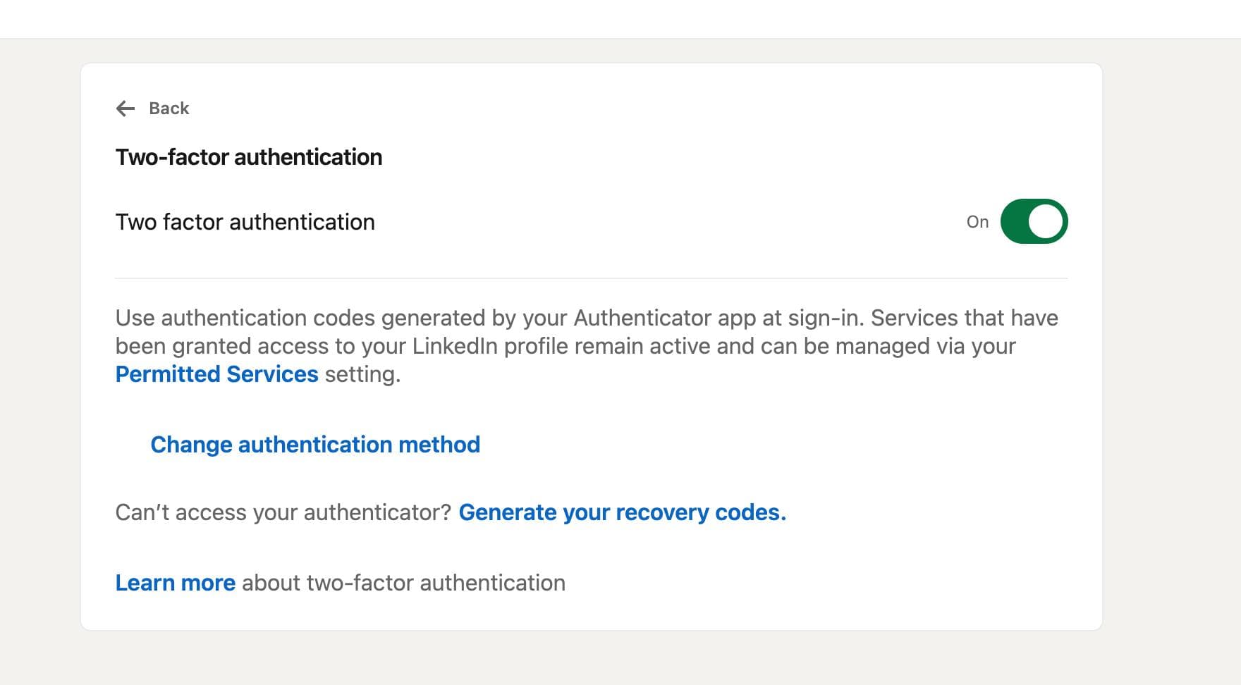 Two-factor authentication setup completed