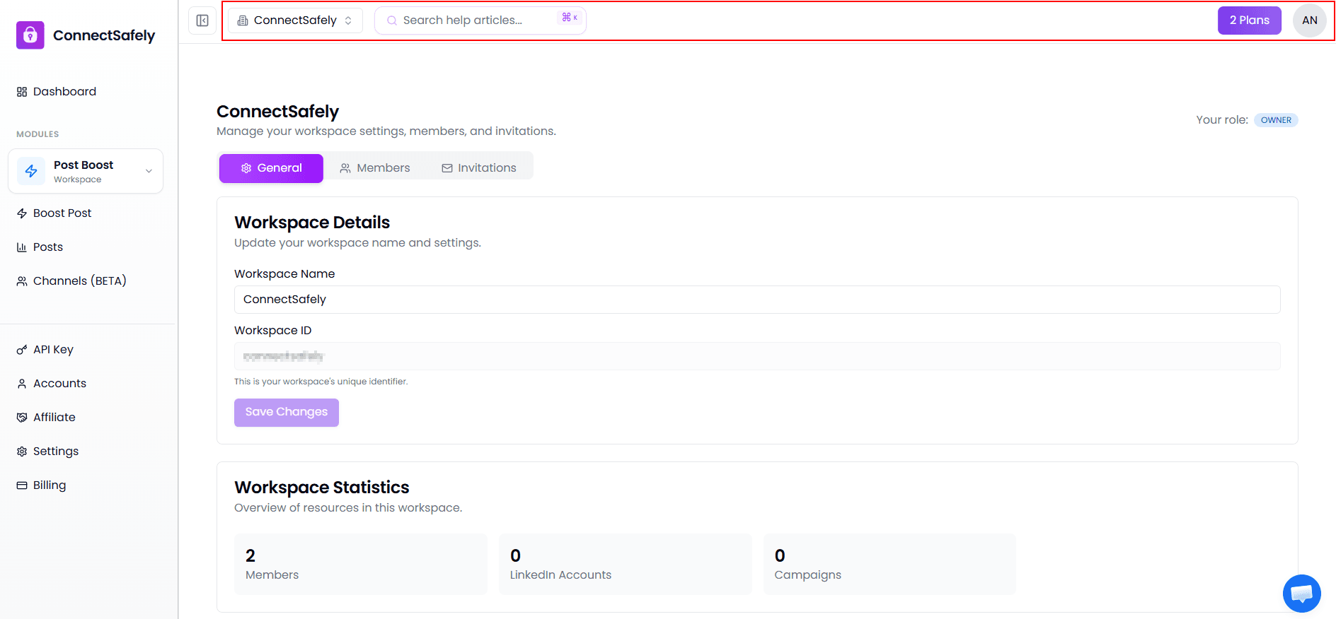Workspace settings page showing workspace details and team members