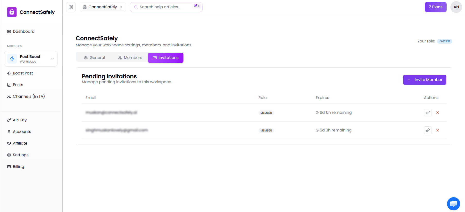 Team members list showing different roles