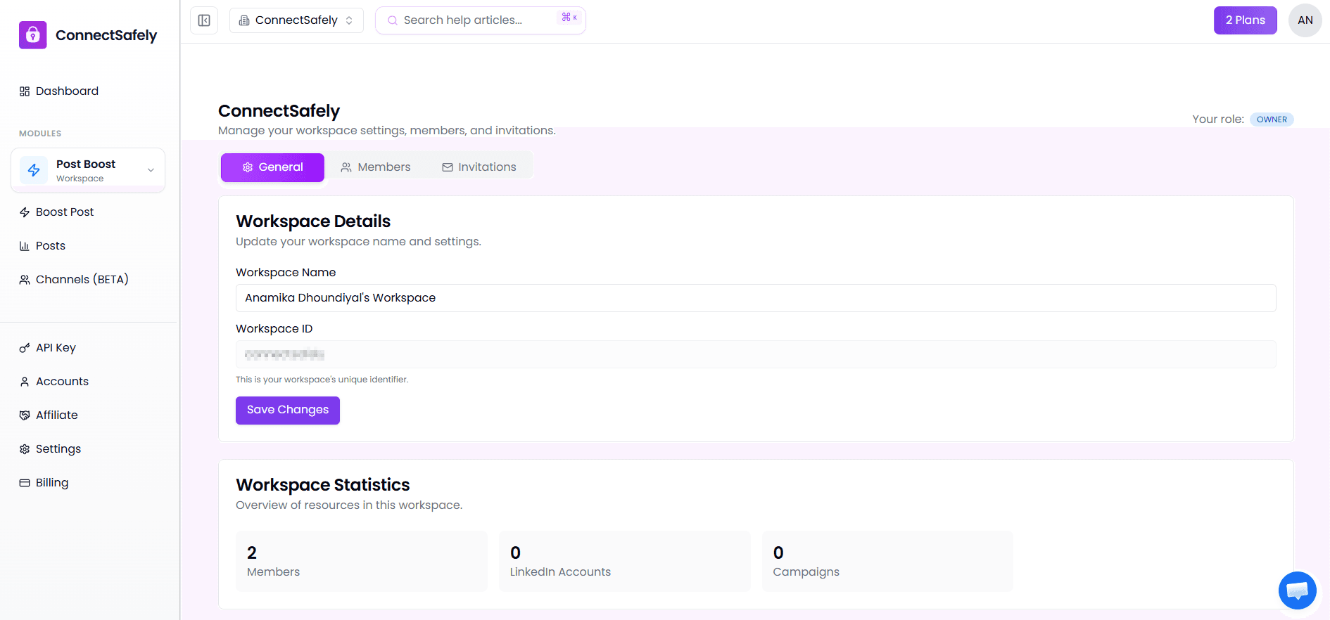 Workspace overview showing settings, members, and details