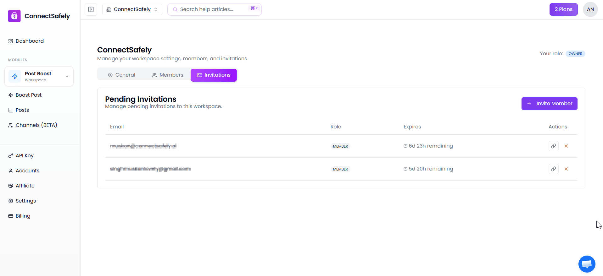 Pending invitations list with status and actions