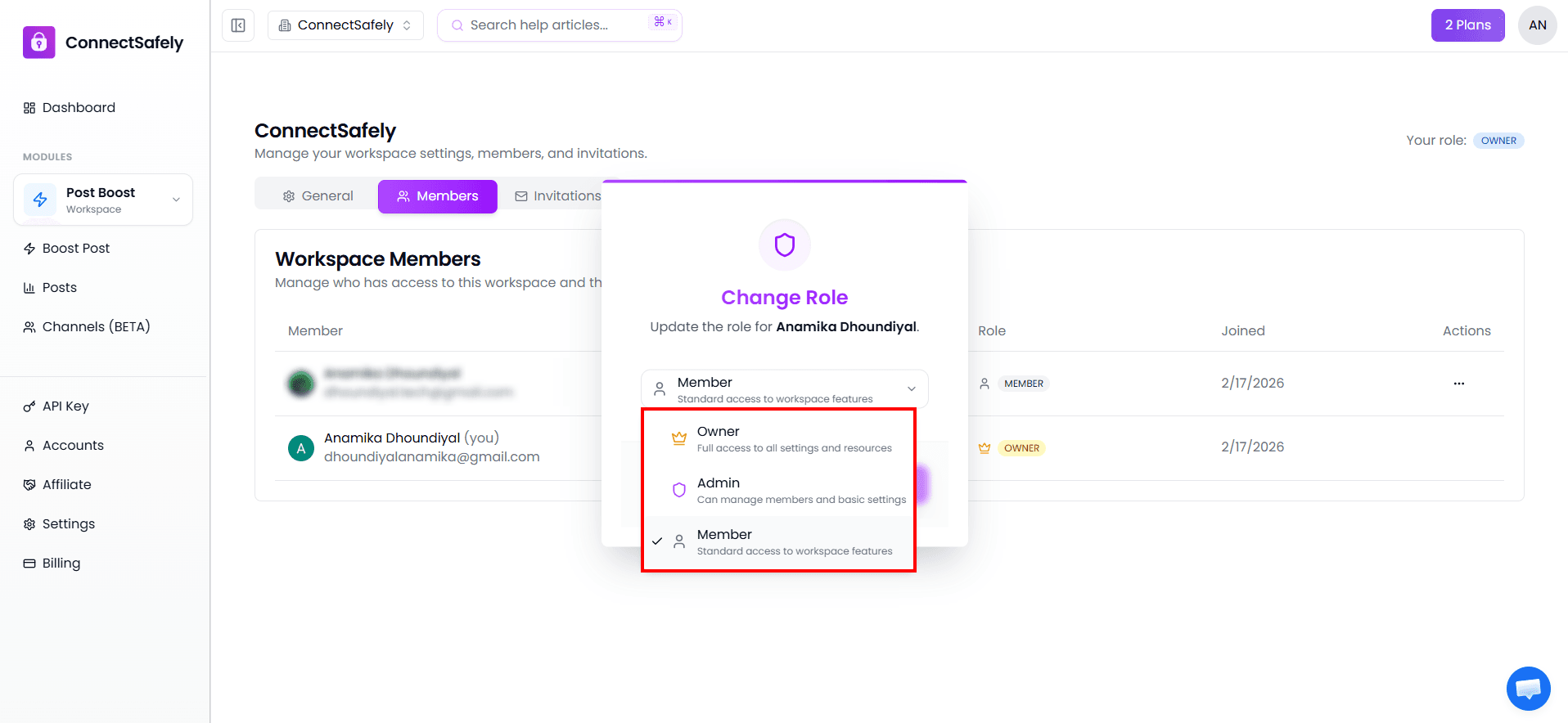 Role dropdown in team settings