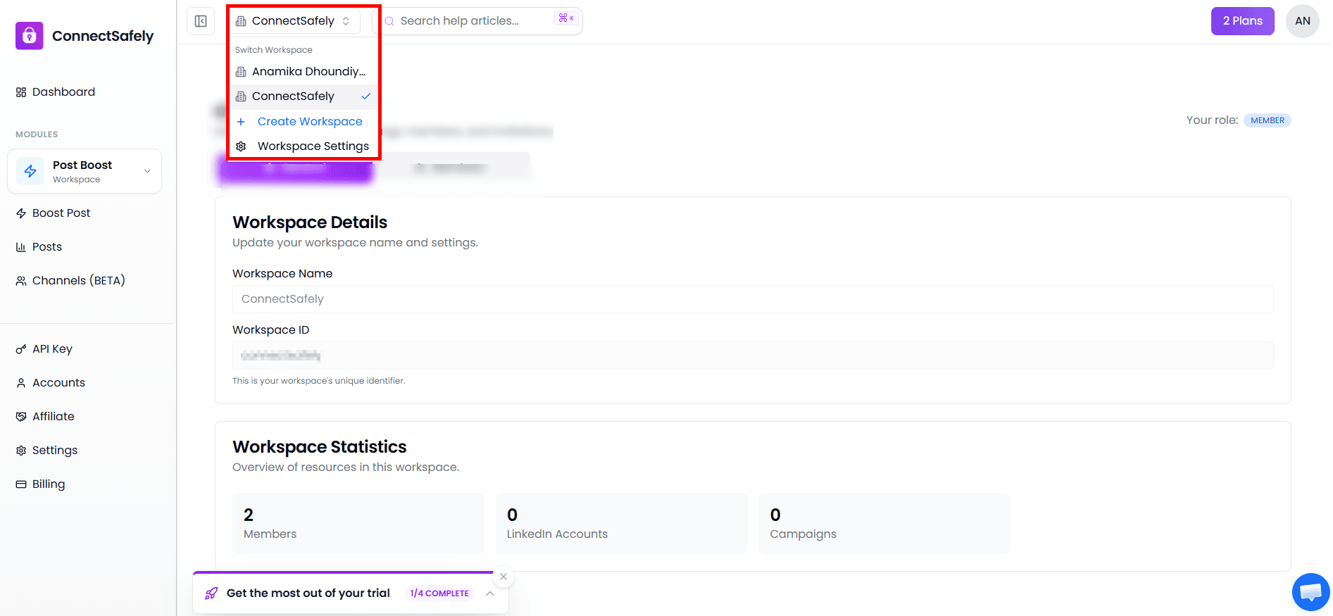 Workspace switcher dropdown in header showing multiple workspace options