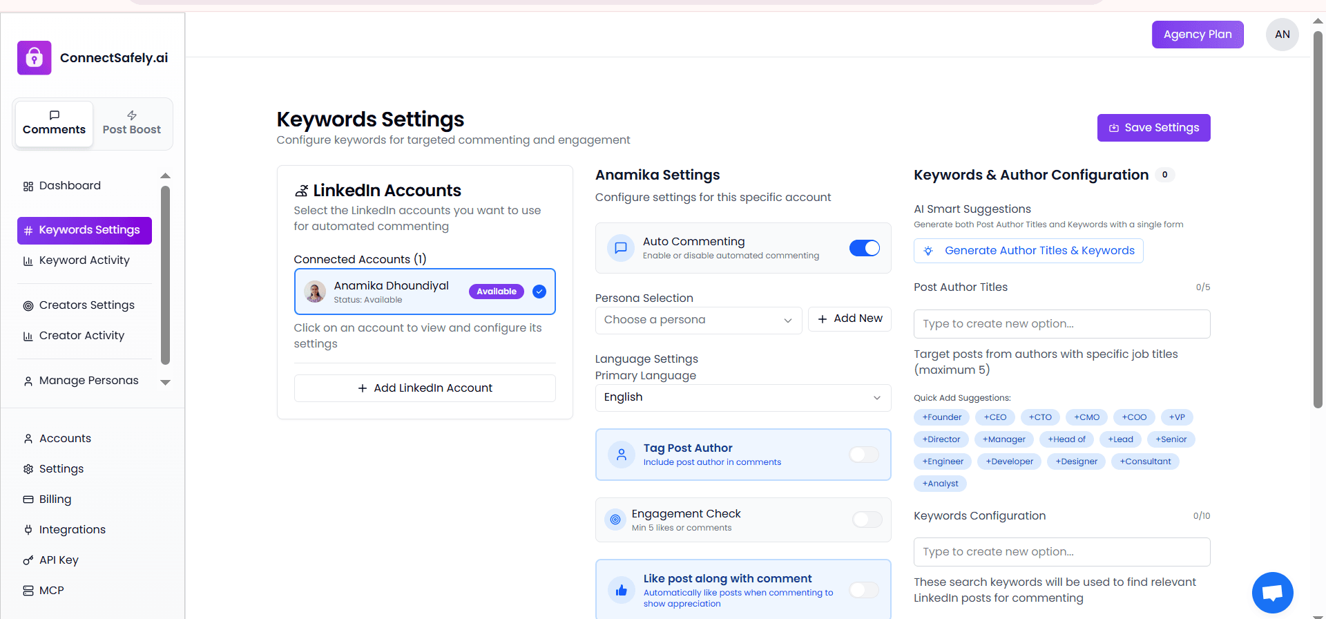 ConnectSafely Keyword Settings interface showing account selection, auto commenting toggle, and configuration options