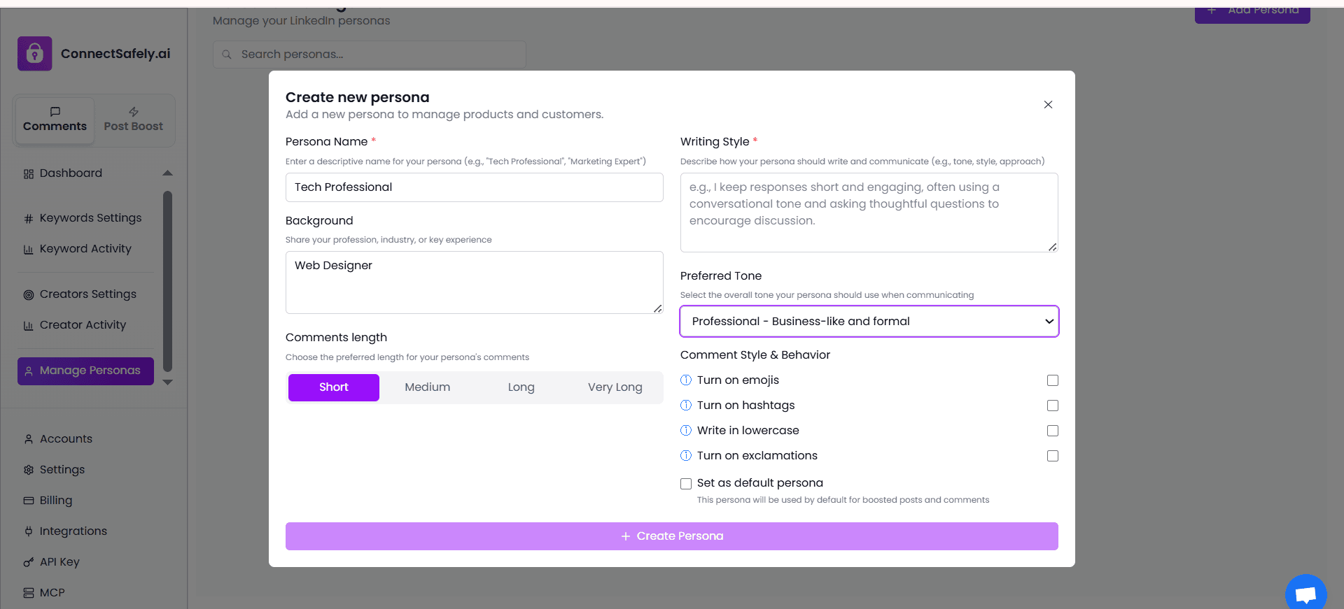 Personas interface showing configuration options