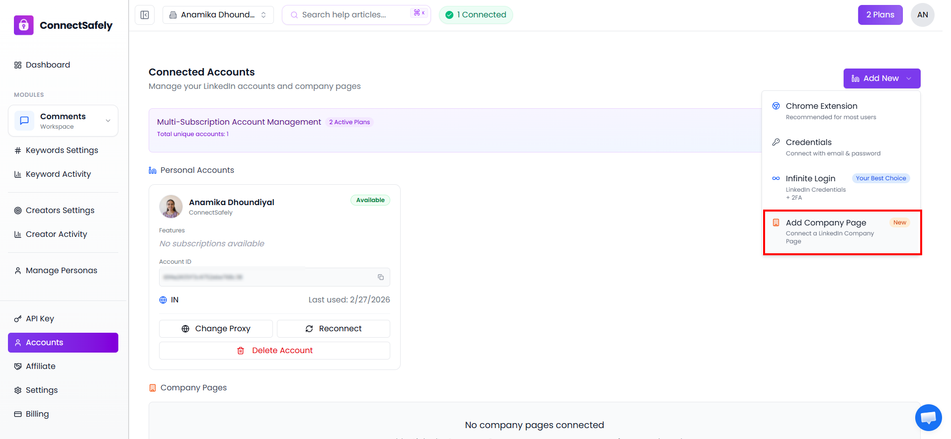 Add New dropdown menu showing Chrome Extension, Credentials, Infinite Login, and Add Company Page options