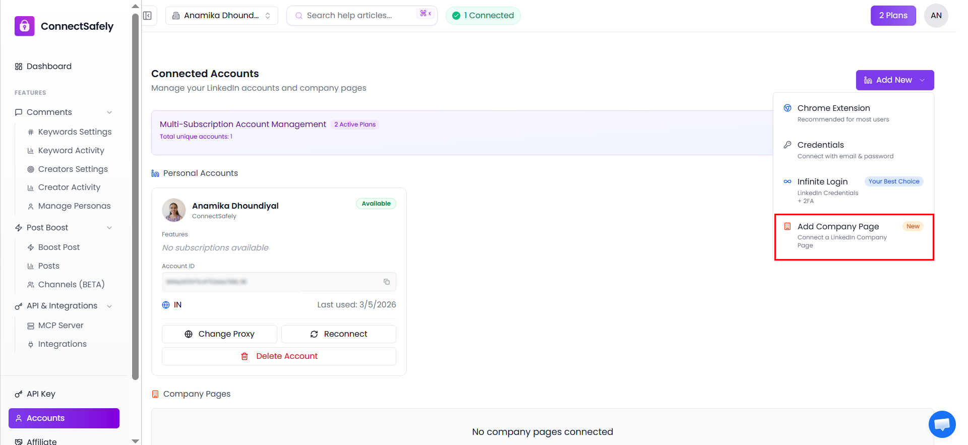 Add New dropdown menu showing Chrome Extension, Credentials, Infinite Login, and Add Company Page options