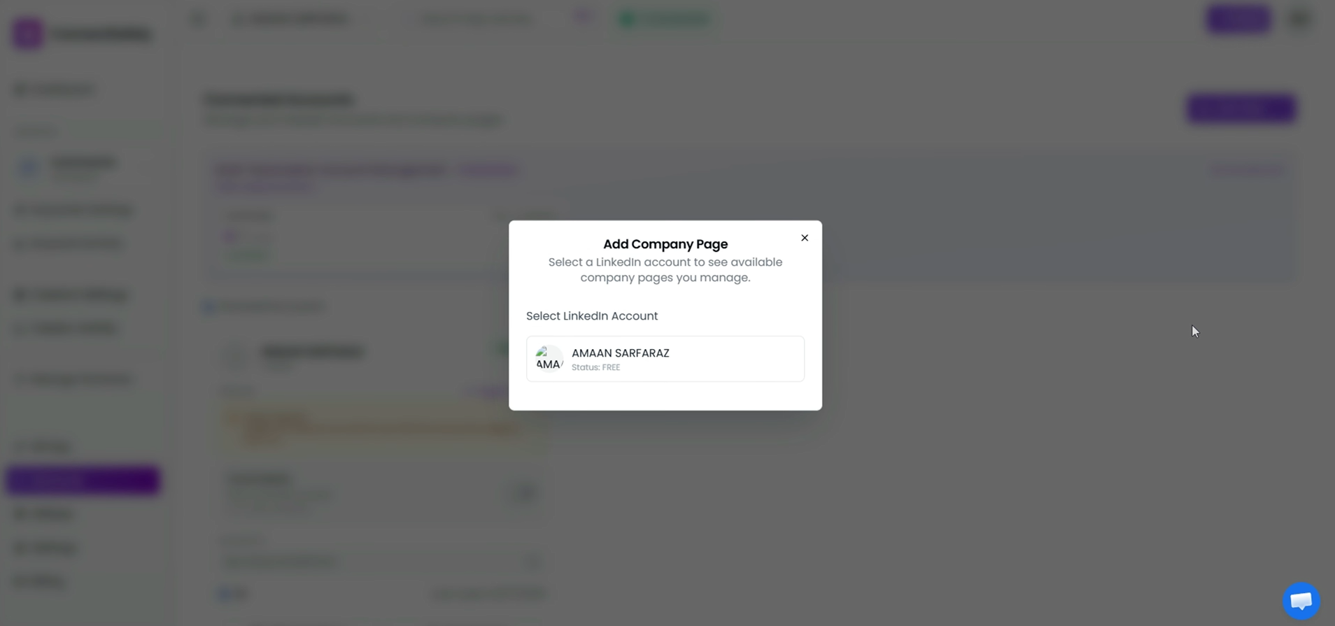 Add Company Page modal showing Select LinkedIn Account step with a connected LinkedIn profile