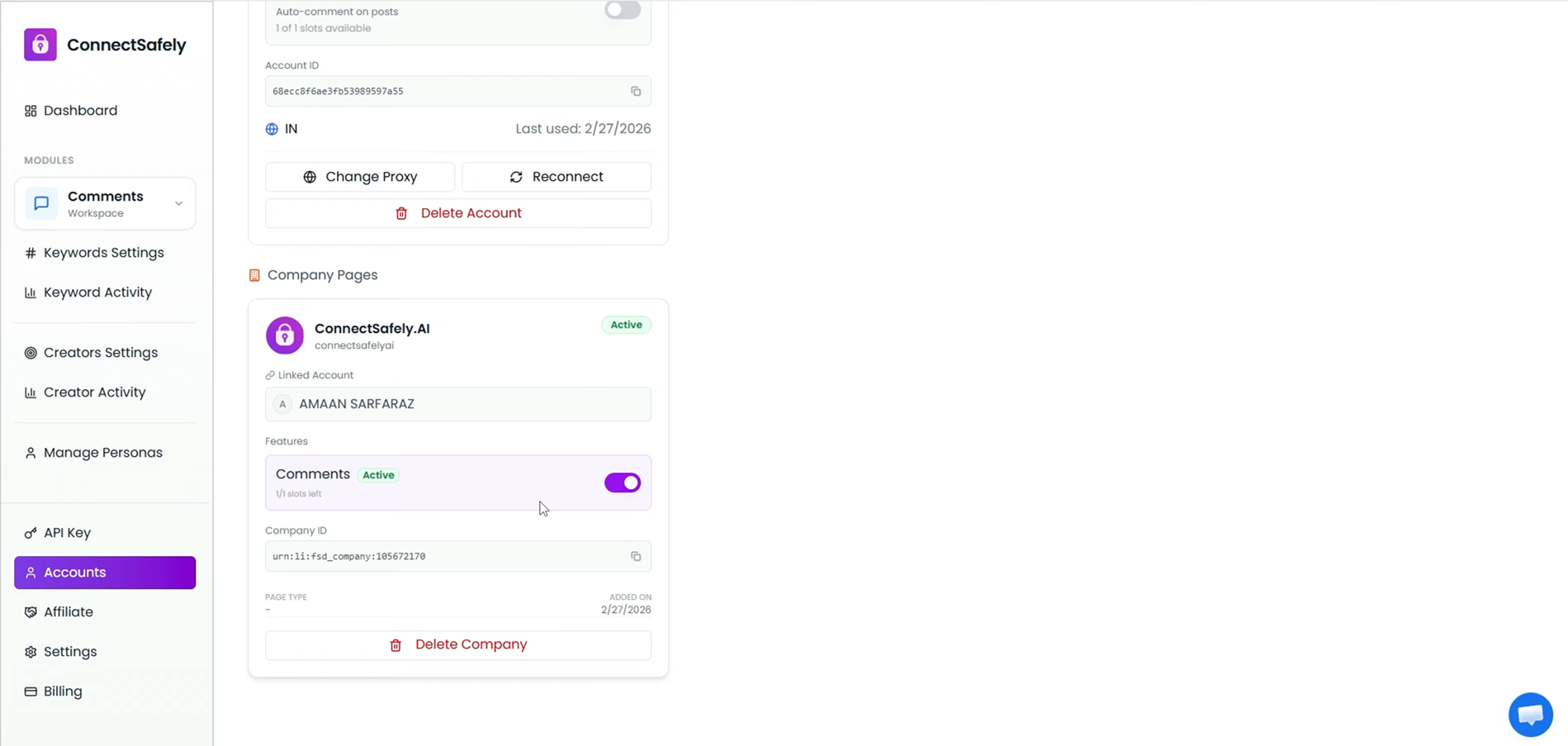 Accounts page showing company page successfully connected with Comments Active toggle and account details