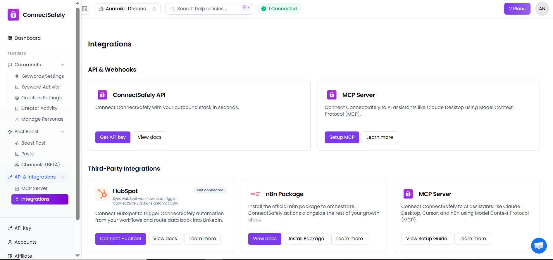 ConnectSafely Integrations Page