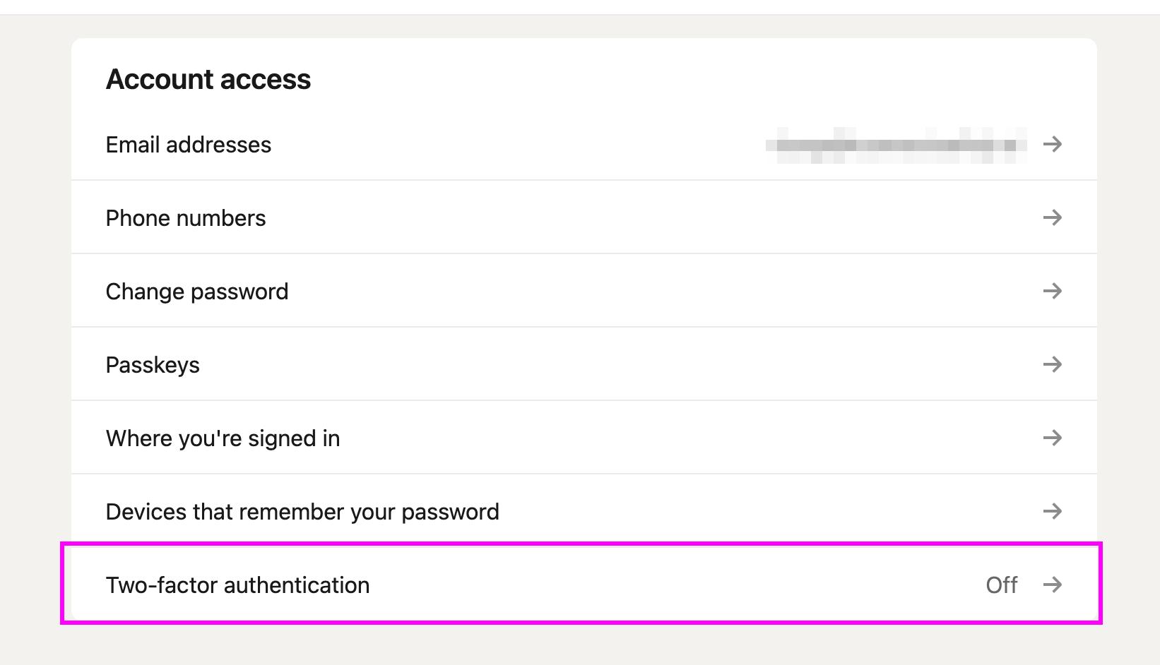 LinkedIn Account Access page showing Two-factor authentication option