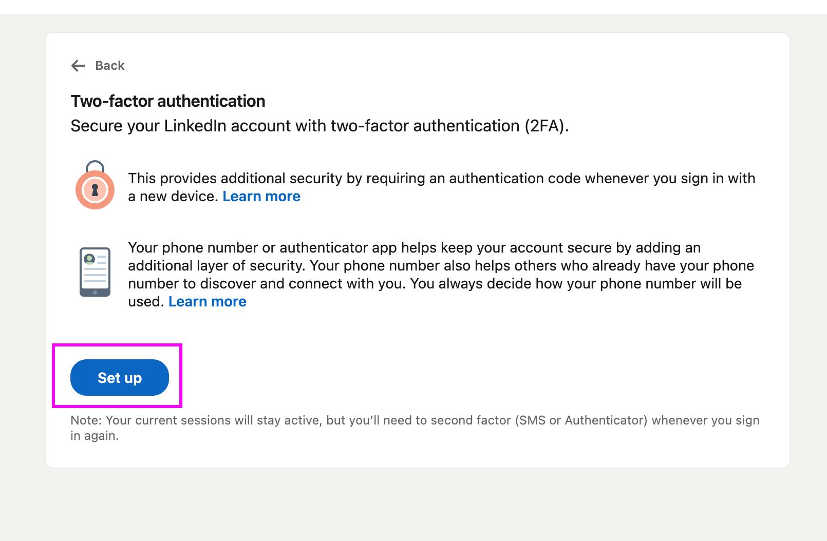 Two-factor authentication setup page with Set up button