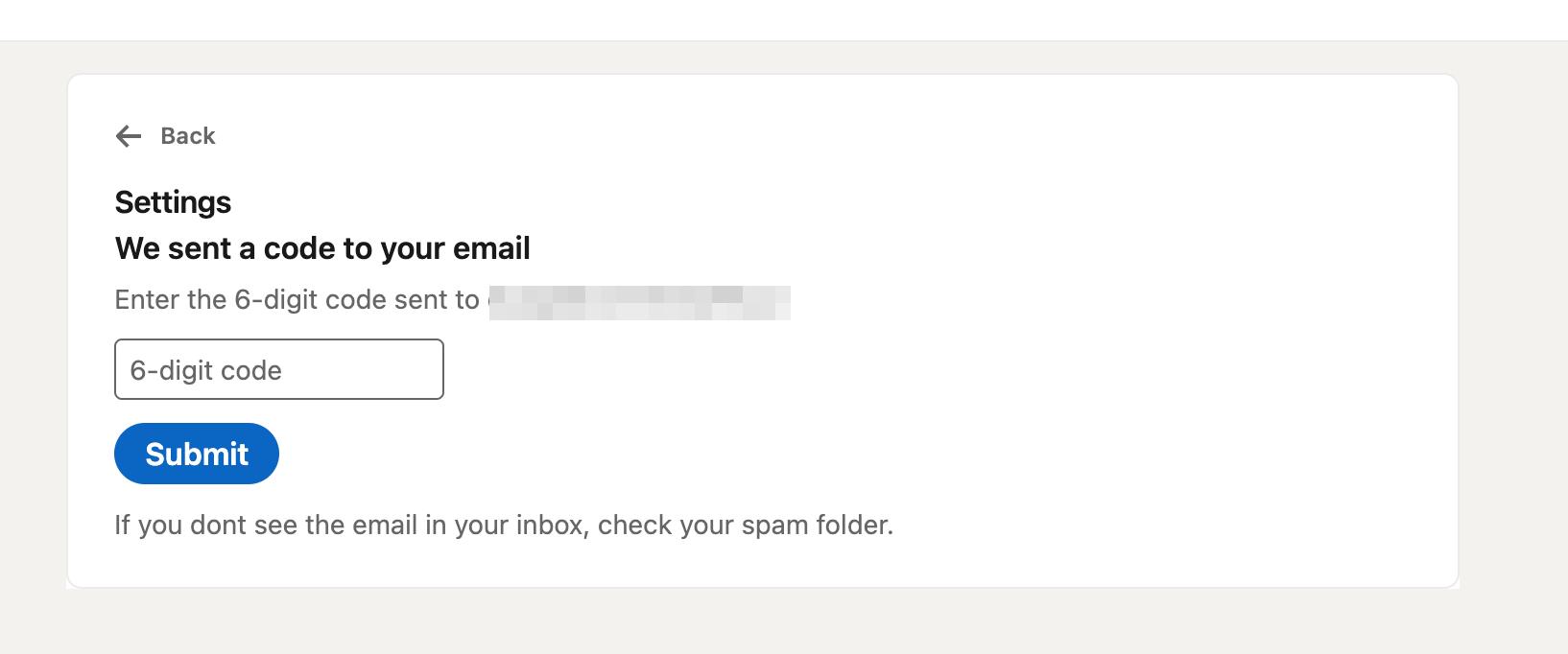 Email verification step showing 6-digit code entry