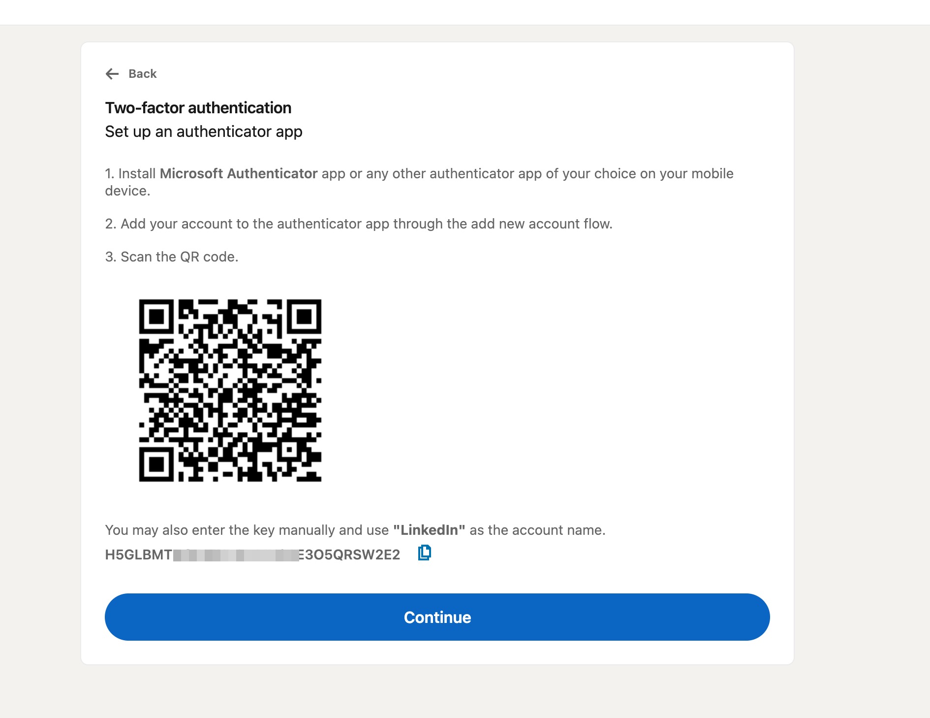 QR code setup page showing the secret key