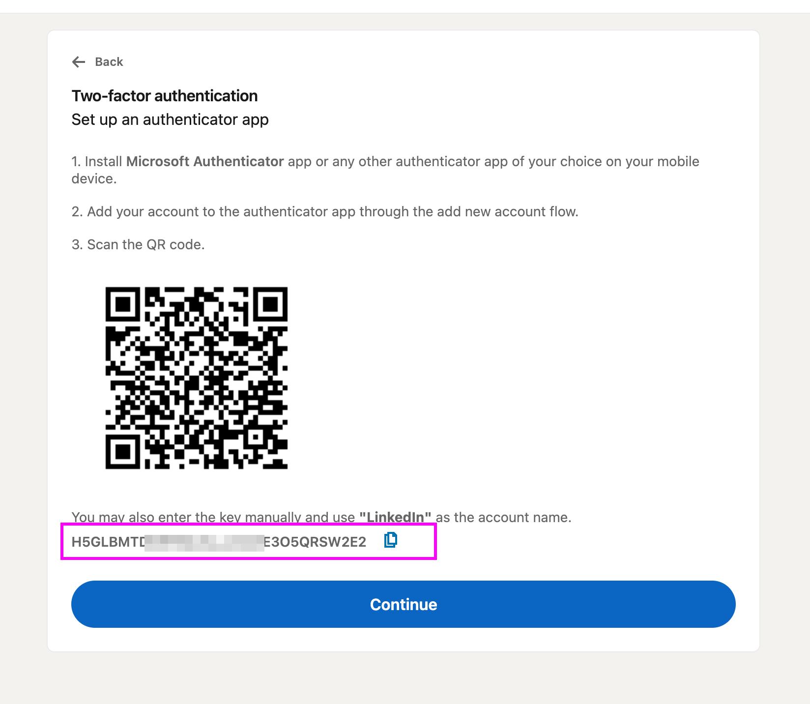 Copying the 2FA secret key