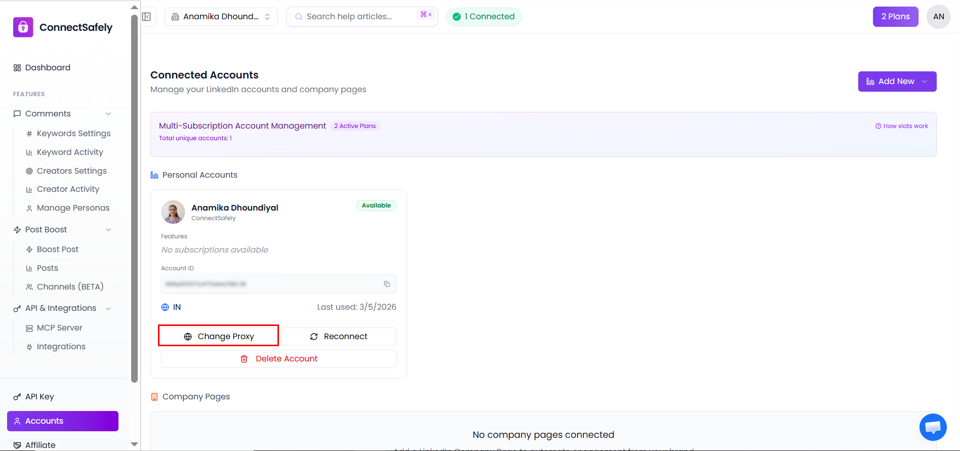Accounts page showing connected LinkedIn account card with Change Proxy button