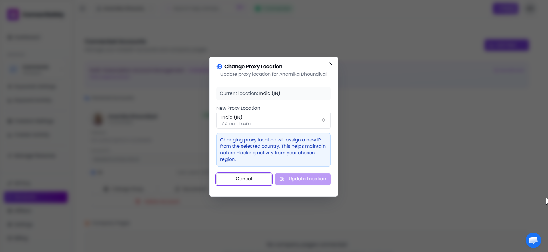 Proxy location dropdown inside the Connect LinkedIn modal showing country selection