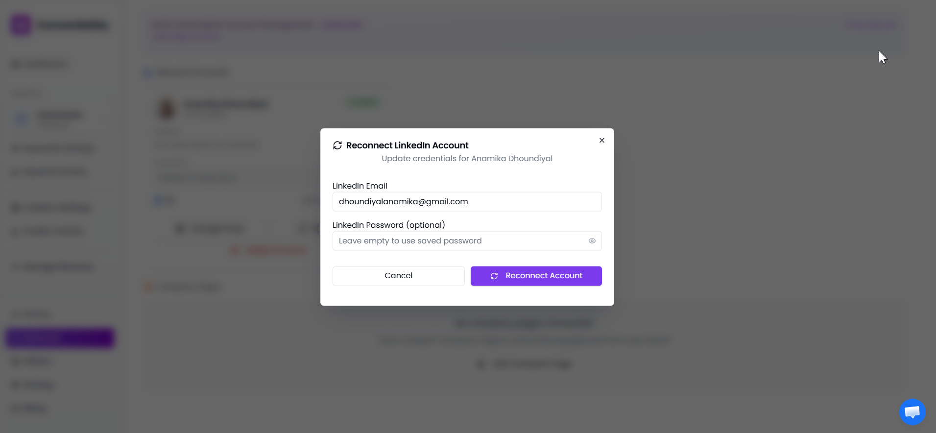 Reconnect LinkedIn Account modal showing LinkedIn email field and Reconnect Account button