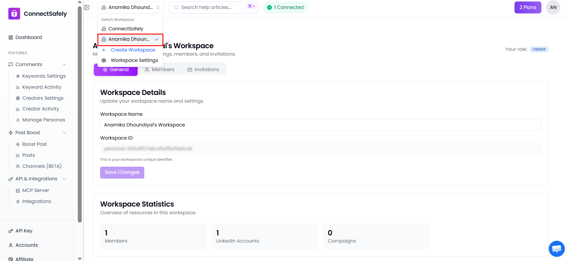 Personal workspace view showing generic ConnectSafely workspace details