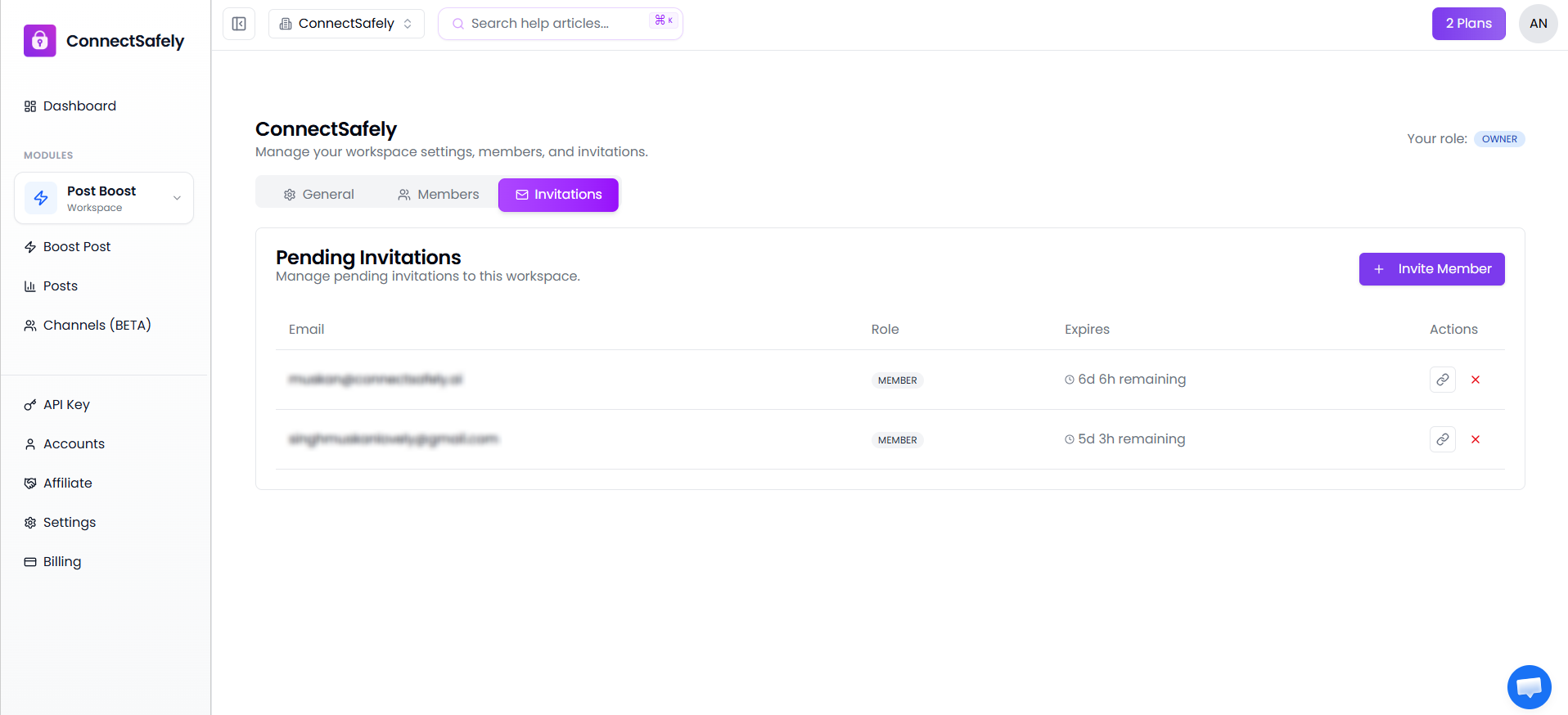 Team members list showing different roles