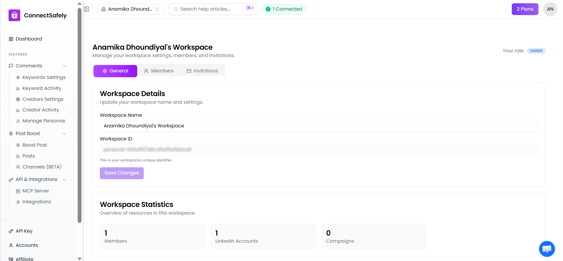 Workspace overview showing settings, members, and details