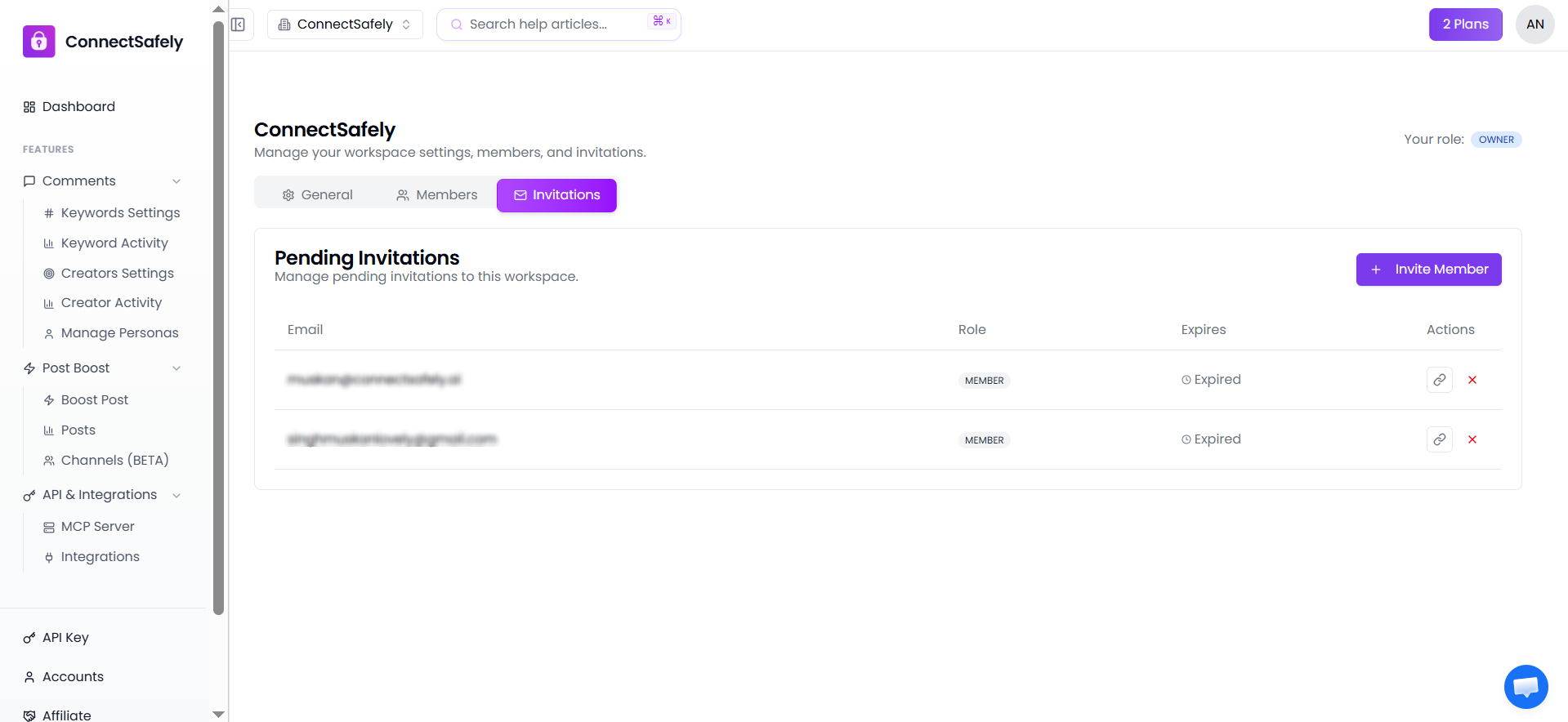 Pending invitations list with status and actions