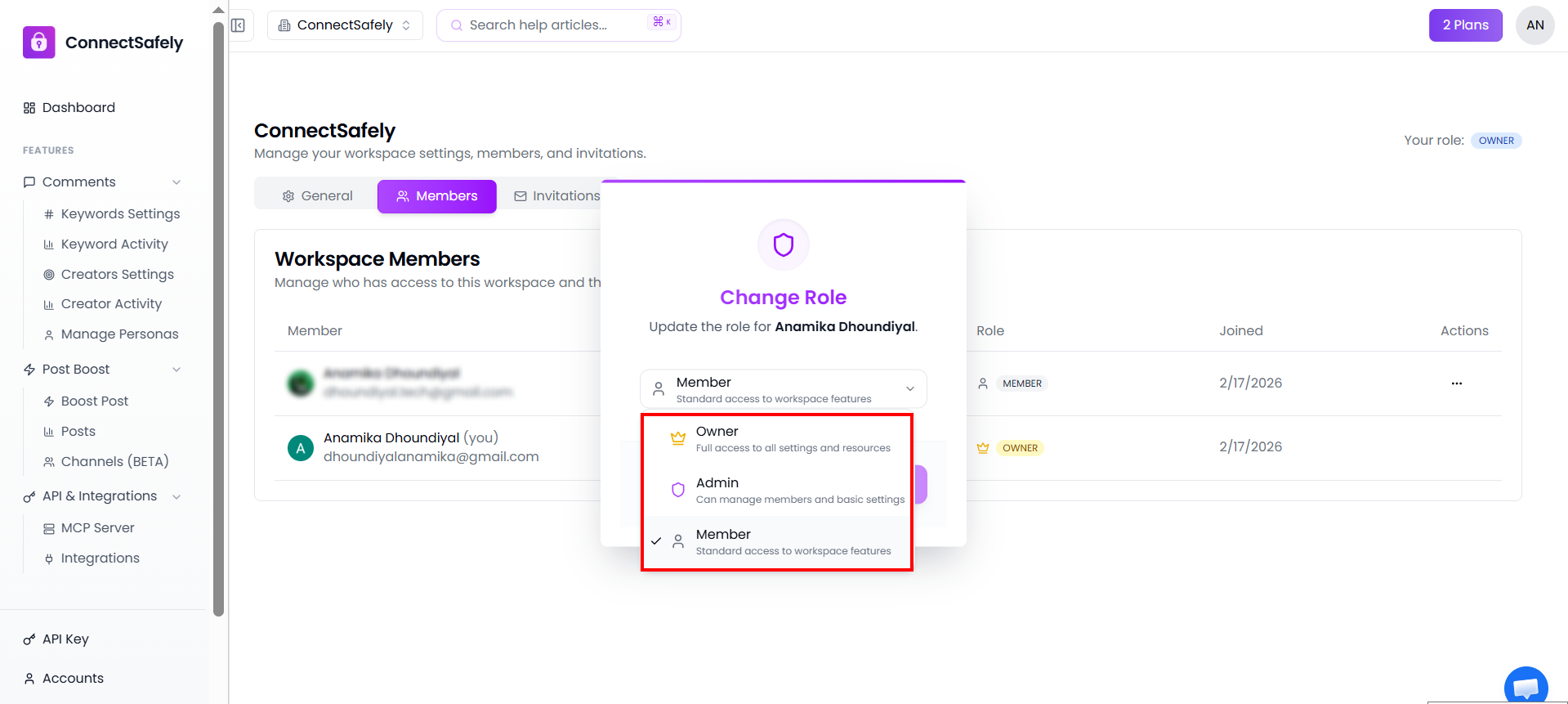 Role dropdown in team settings