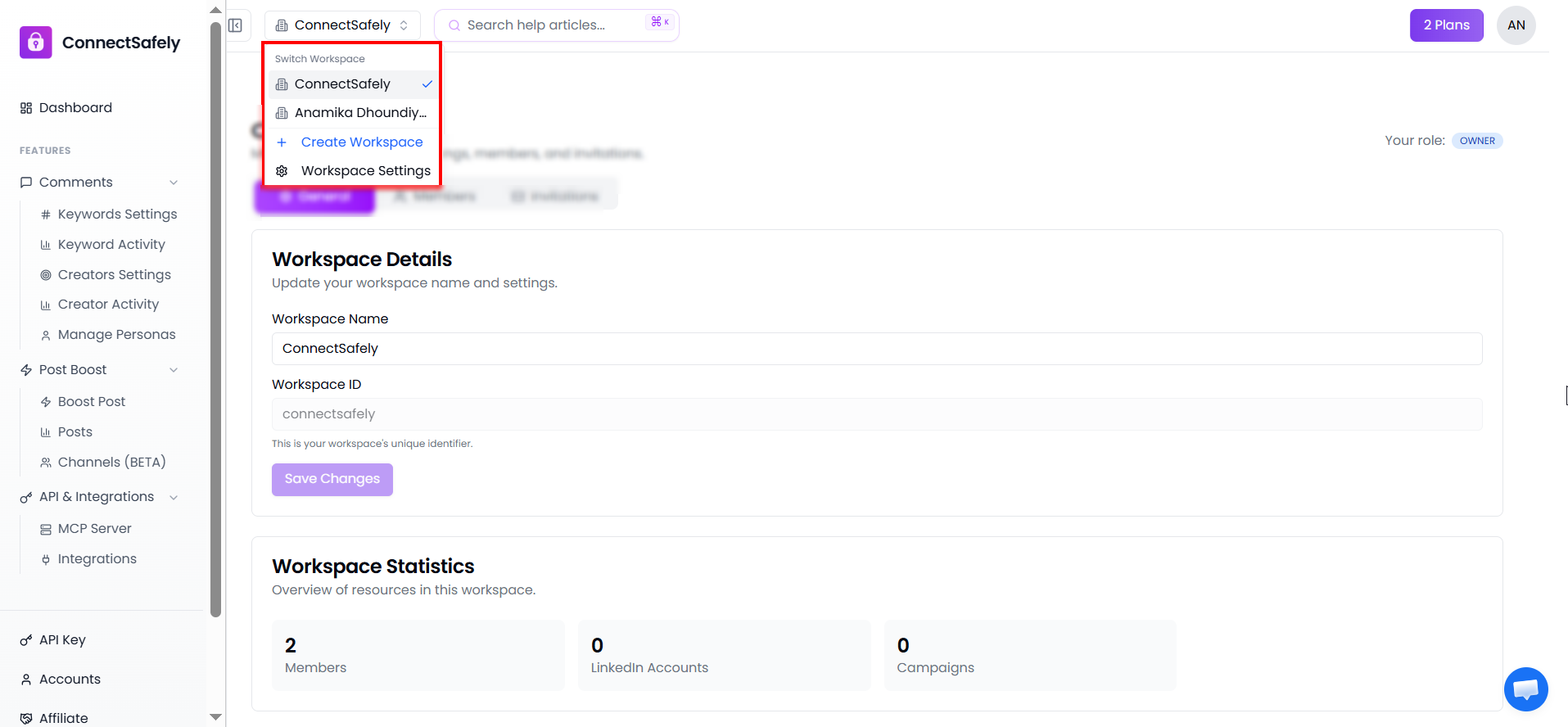 Workspace switcher dropdown in header showing multiple workspace options