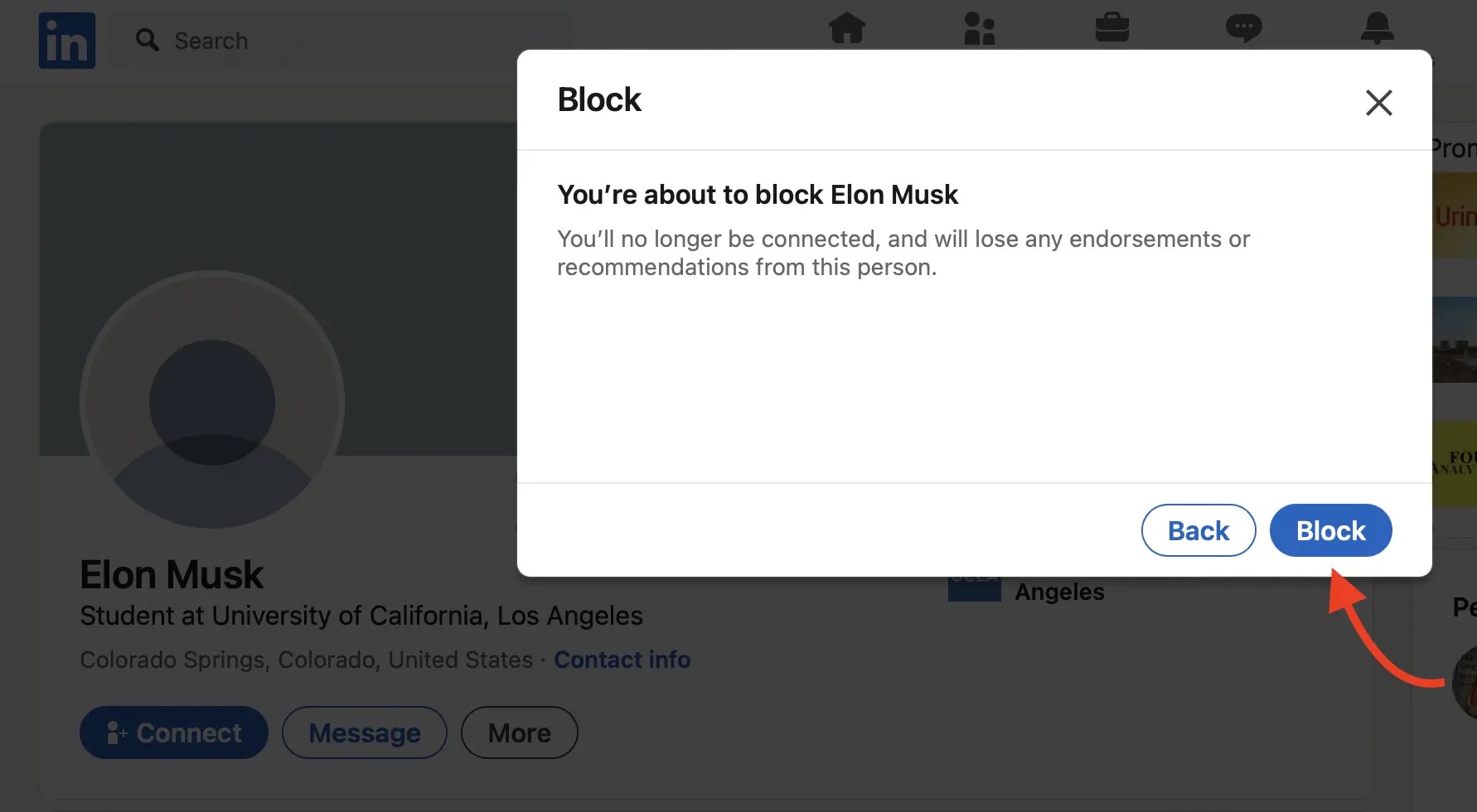 Confirm blocking the member on LinkedIn