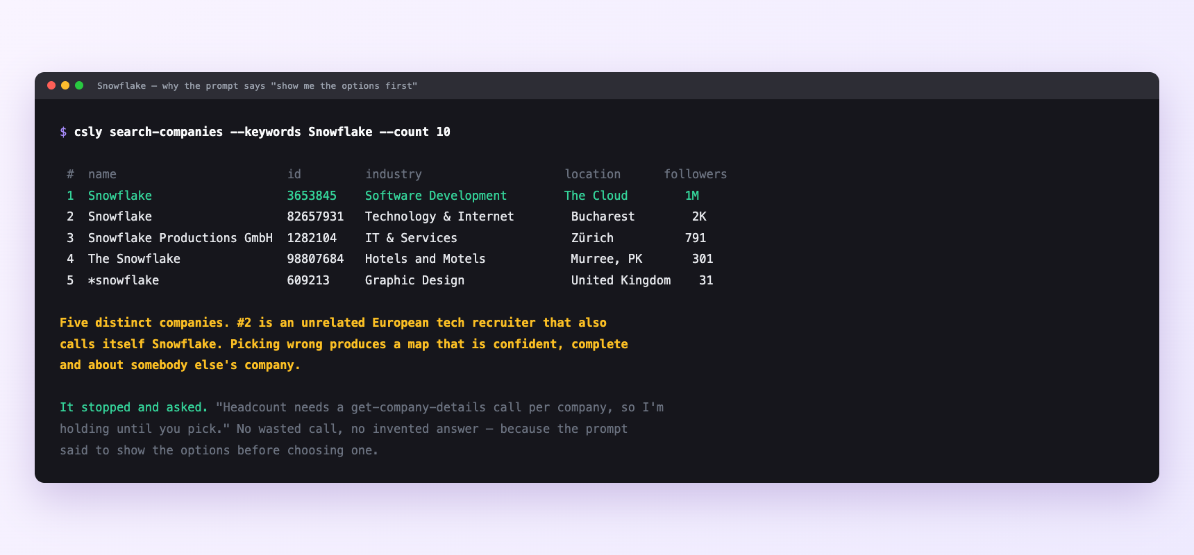 Terminal showing five different companies named Snowflake returned by one search, with the assistant pausing to ask which one before spending a details call