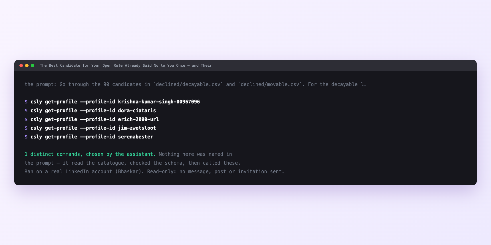 Terminal showing the commands an assistant called for The Best Candidate for Your Open Role Already Said No to You Once