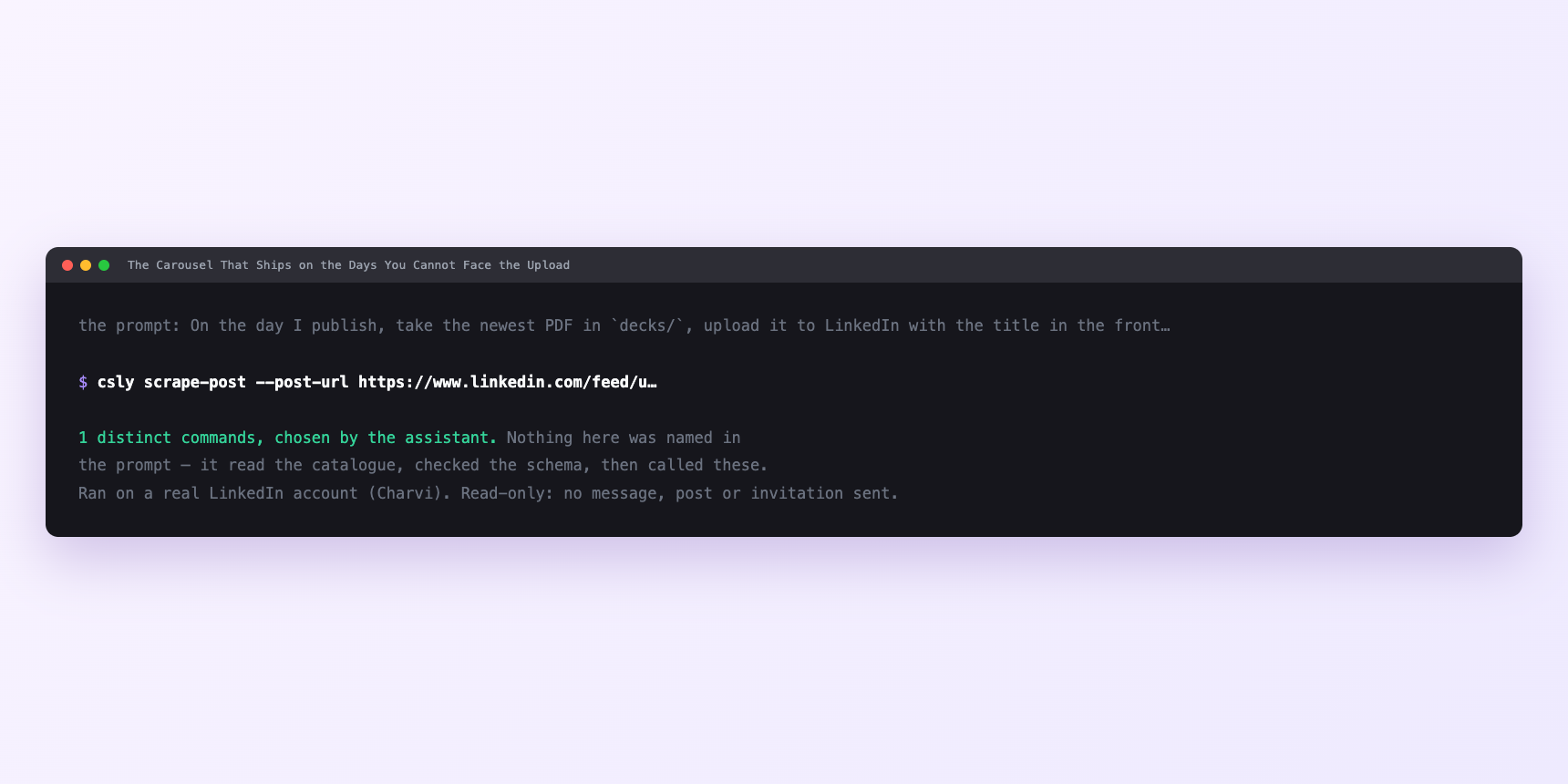 Terminal showing the commands an assistant called for The Carousel That Ships on the Days You Cannot Face the Upload
