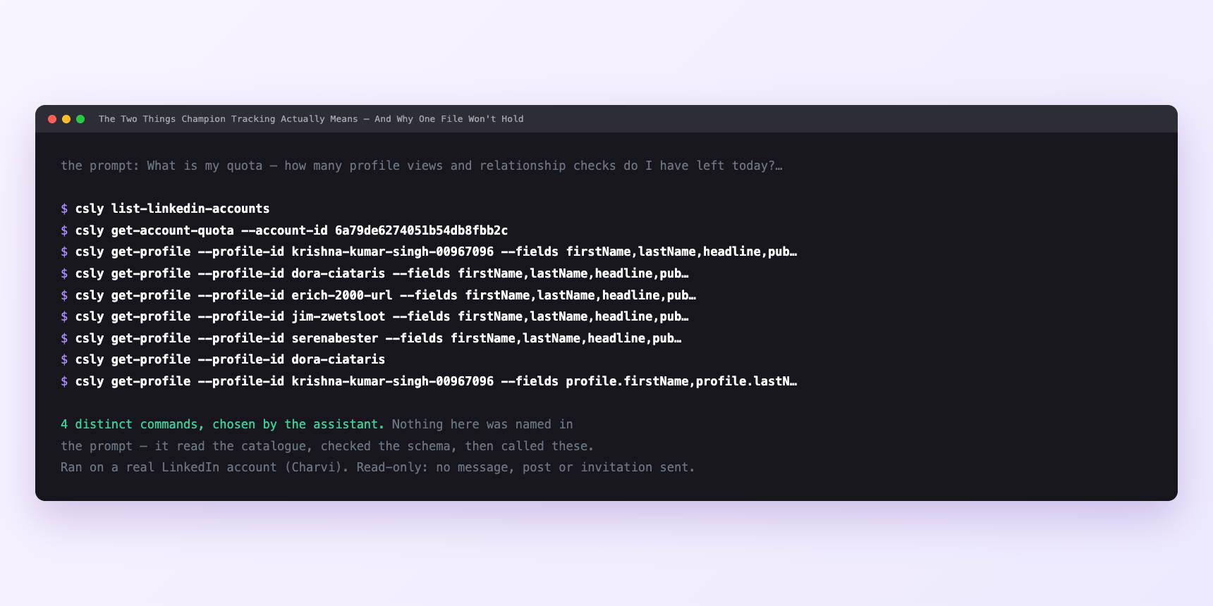 Terminal showing the commands an assistant called for The Two Things Champion Tracking Actually Means