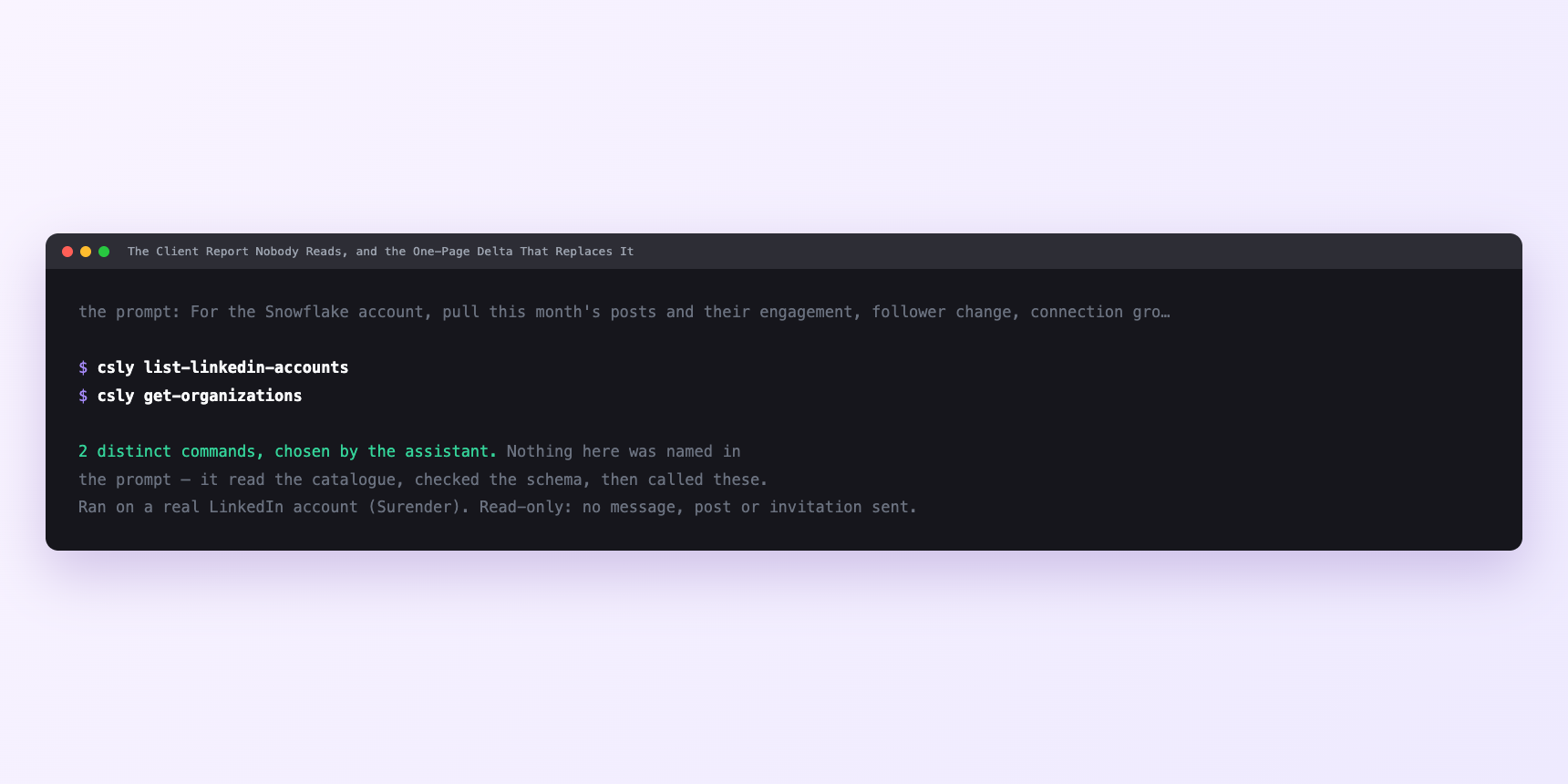 Terminal showing the commands an assistant called for The Client Report Nobody Reads, and the One-Page Delta That Replaces It