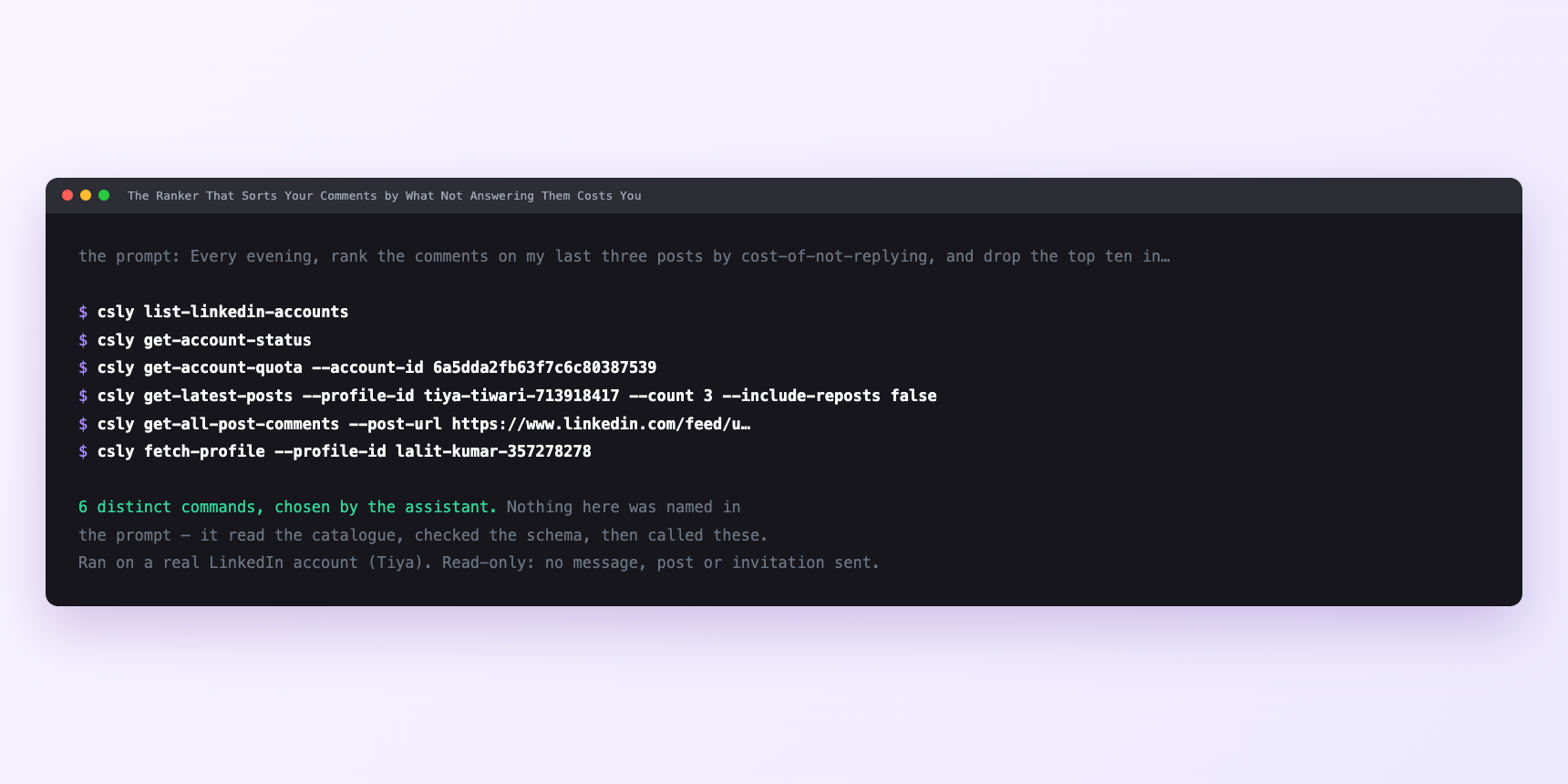 Terminal showing the commands an assistant called for The Ranker That Sorts Your Comments by What Not Answering Them Costs You