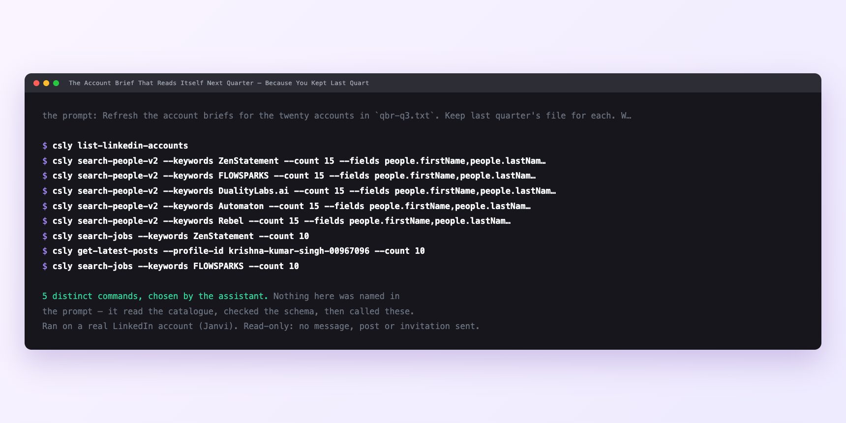 Terminal showing the commands an assistant called for The Account Brief That Reads Itself Next Quarter
