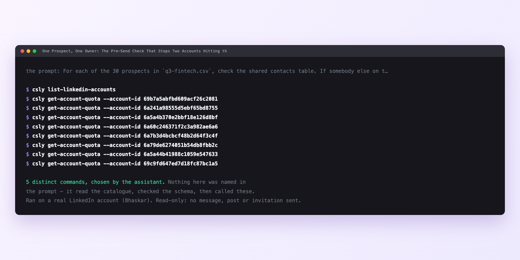 Terminal showing the commands an assistant called for One Prospect, One Owner