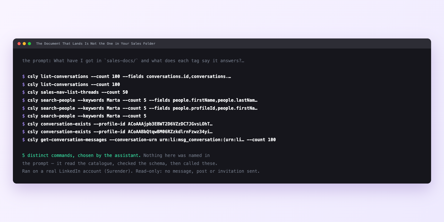 Terminal showing the commands an assistant called for The Document That Lands Is Not the One in Your Sales Folder