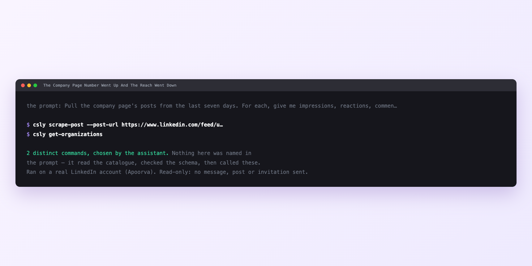 Terminal showing the commands an assistant called for The Company Page Number Went Up And The Reach Went Down
