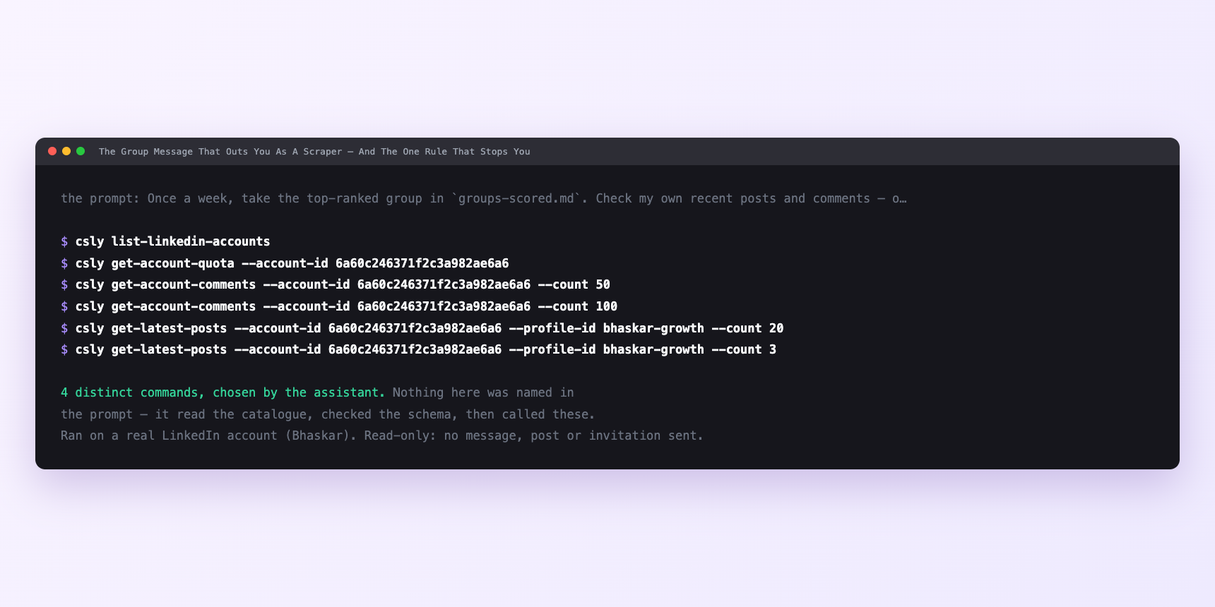Terminal showing the commands an assistant called for The Group Message That Outs You As A Scraper