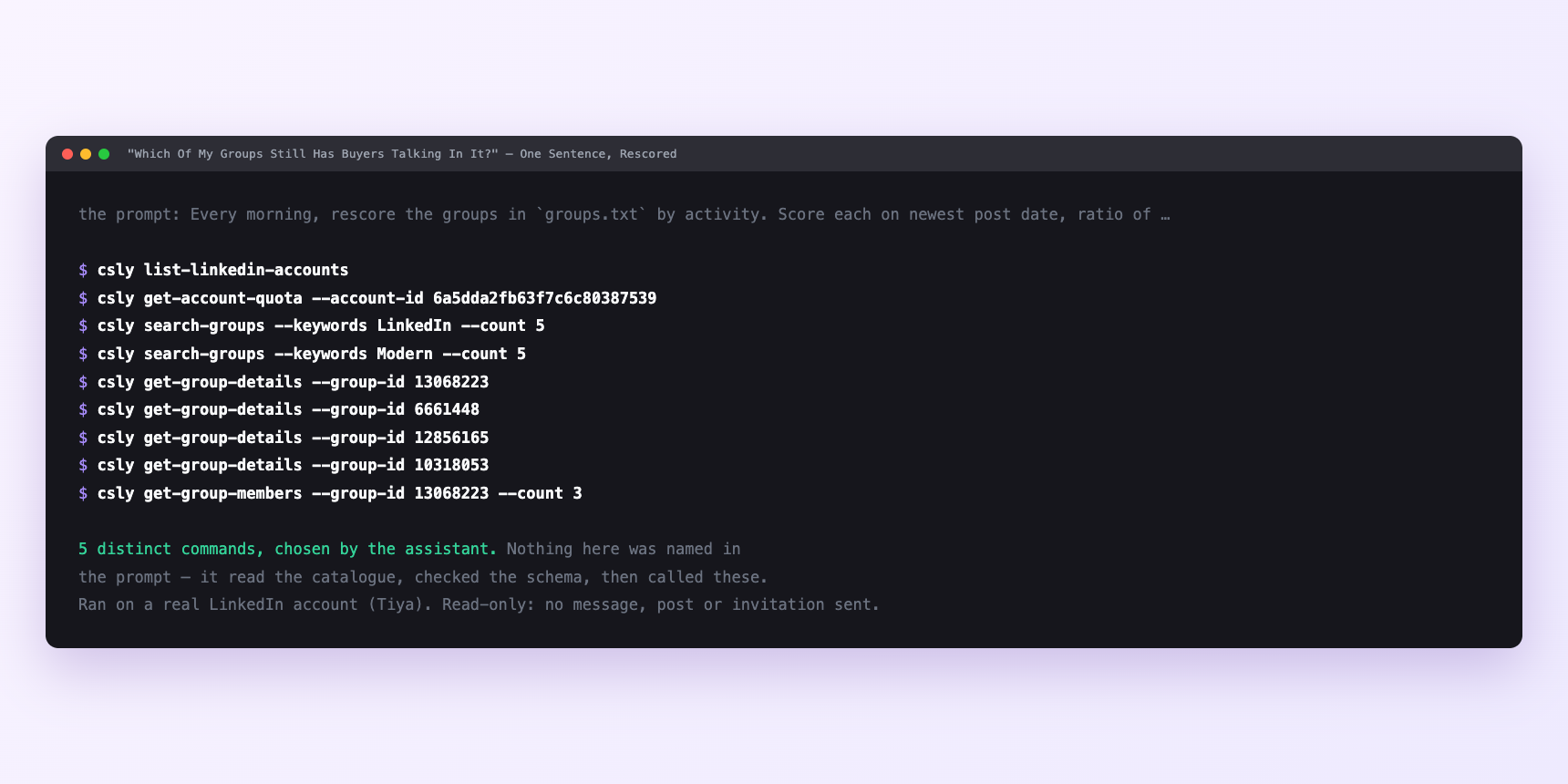 Terminal showing the commands an assistant called for "Which Of My Groups Still Has Buyers Talking In It?"