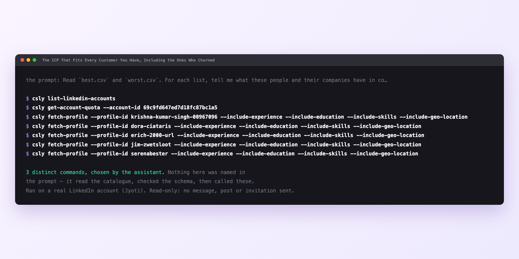 Terminal showing the commands an assistant called for The ICP That Fits Every Customer You Have, Including the Ones Who Churned