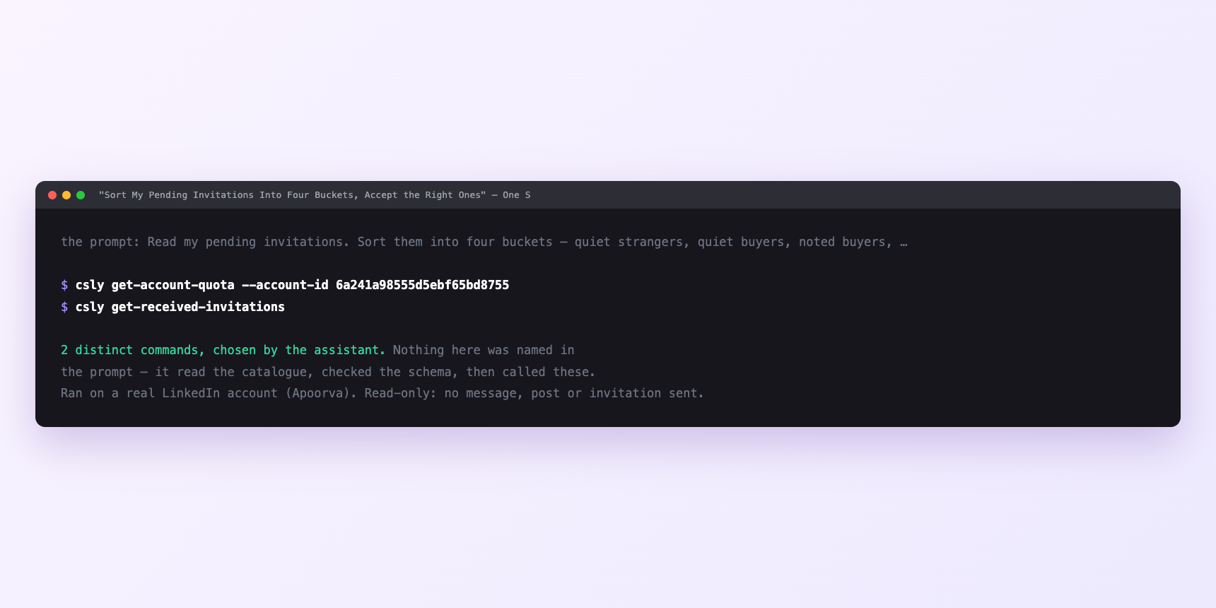 Terminal showing the commands an assistant called for "Sort My Pending Invitations Into Four Buckets, Accept the Right Ones"