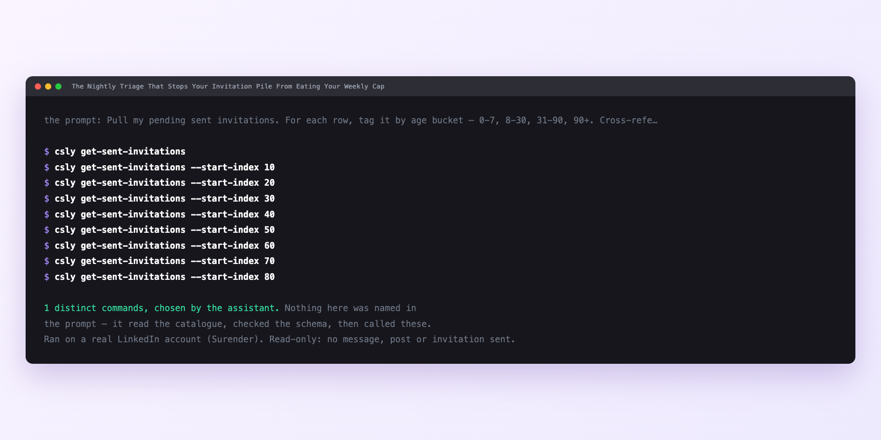 Terminal showing the commands an assistant called for The Nightly Triage That Stops Your Invitation Pile From Eating Your Weekly Cap