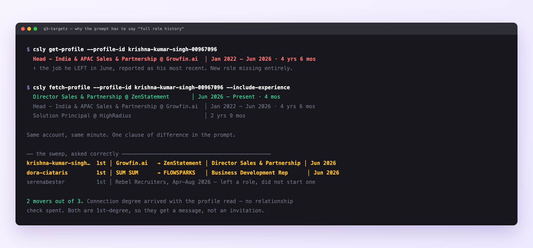 Terminal comparing the summary profile read against the full role history for the same person, showing the summary reports the role they left while the full history shows the new one