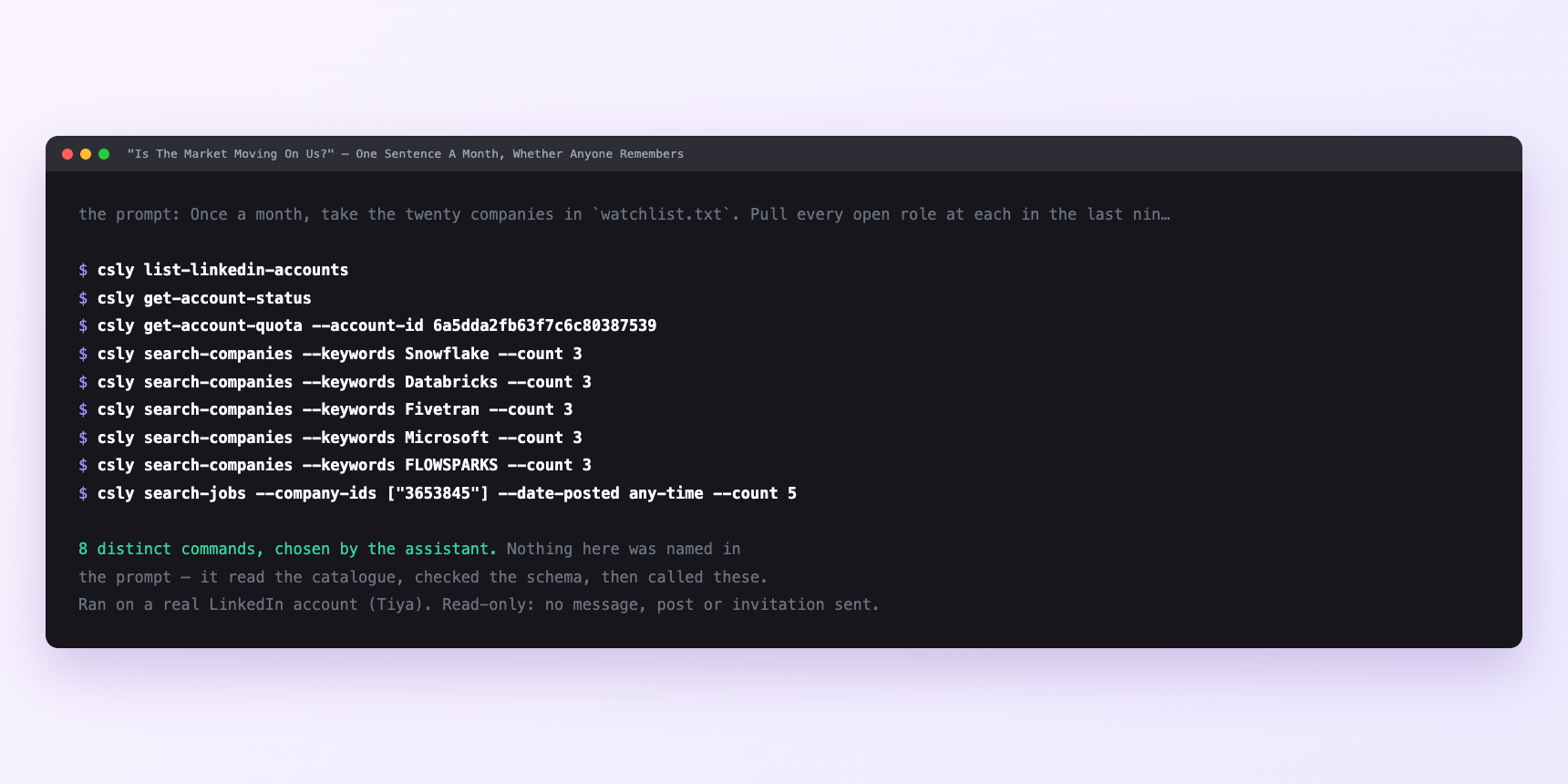 Terminal showing the commands an assistant called for "Is The Market Moving On Us?"