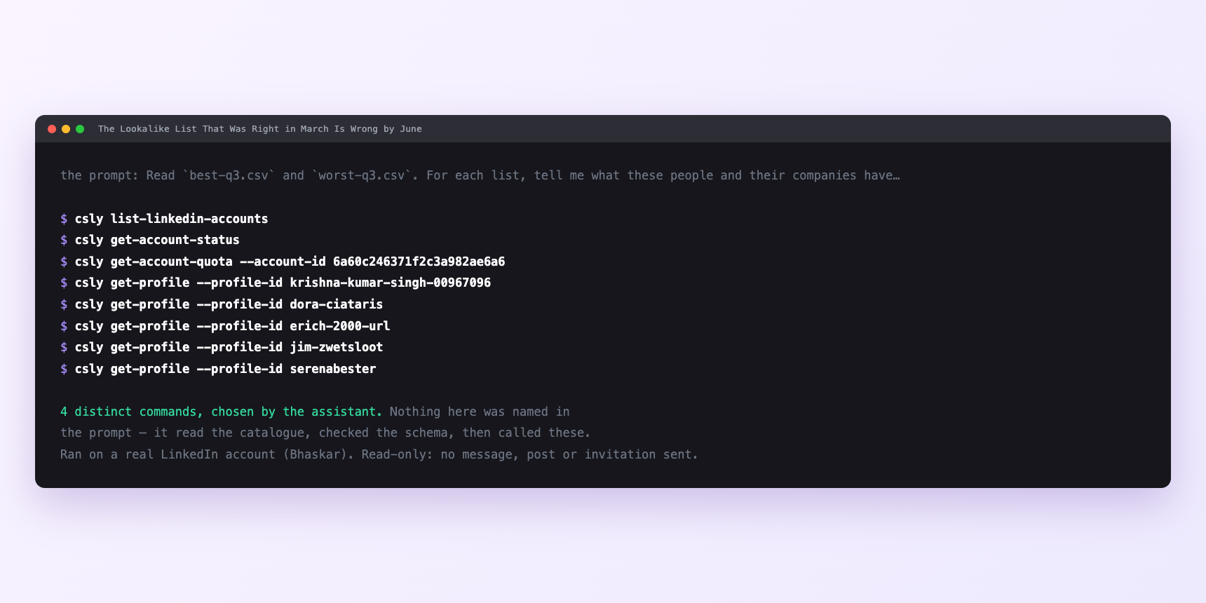 Terminal showing the commands an assistant called for The Lookalike List That Was Right in March Is Wrong by June