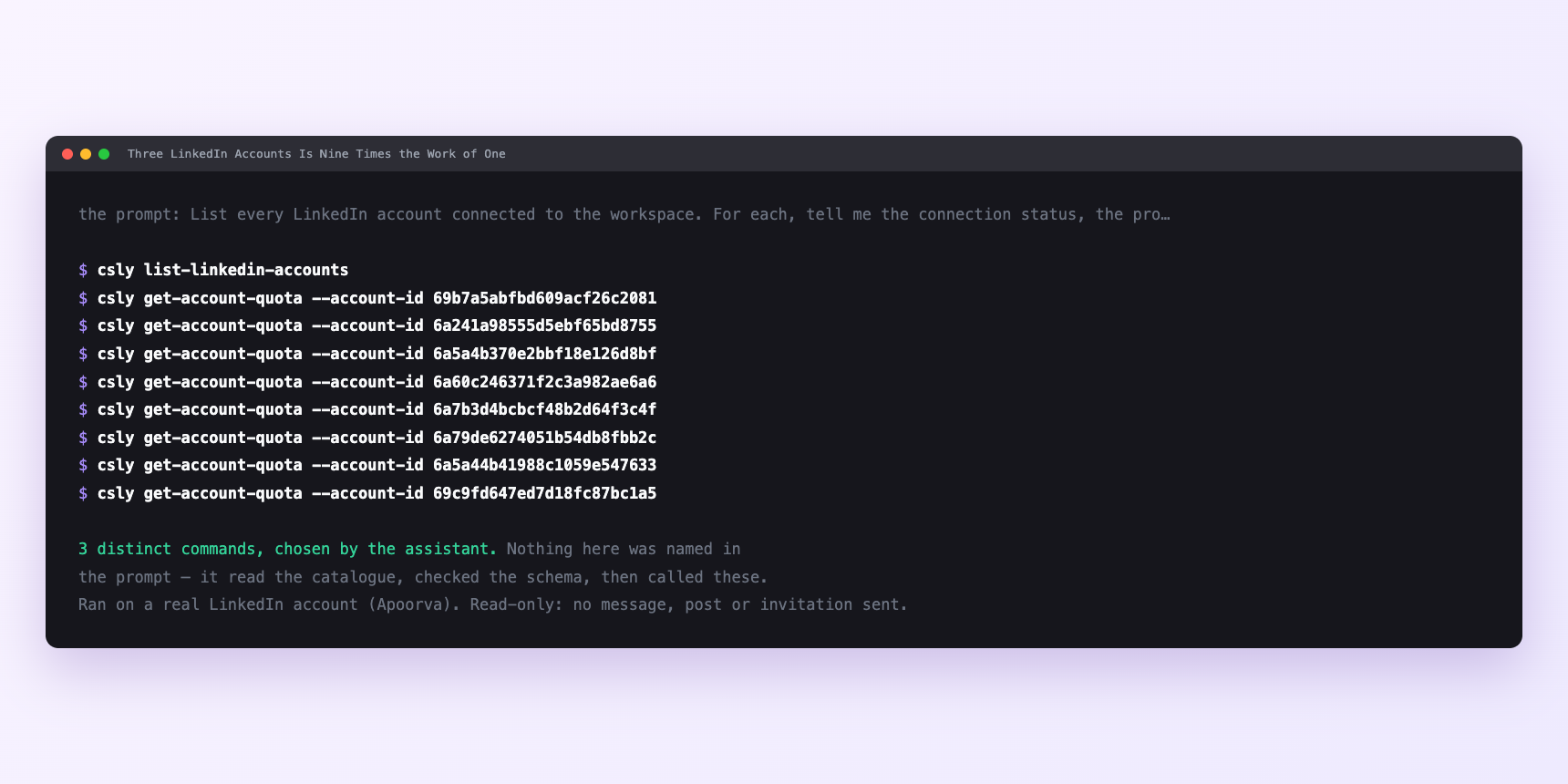 Terminal showing the commands an assistant called for Three LinkedIn Accounts Is Nine Times the Work of One